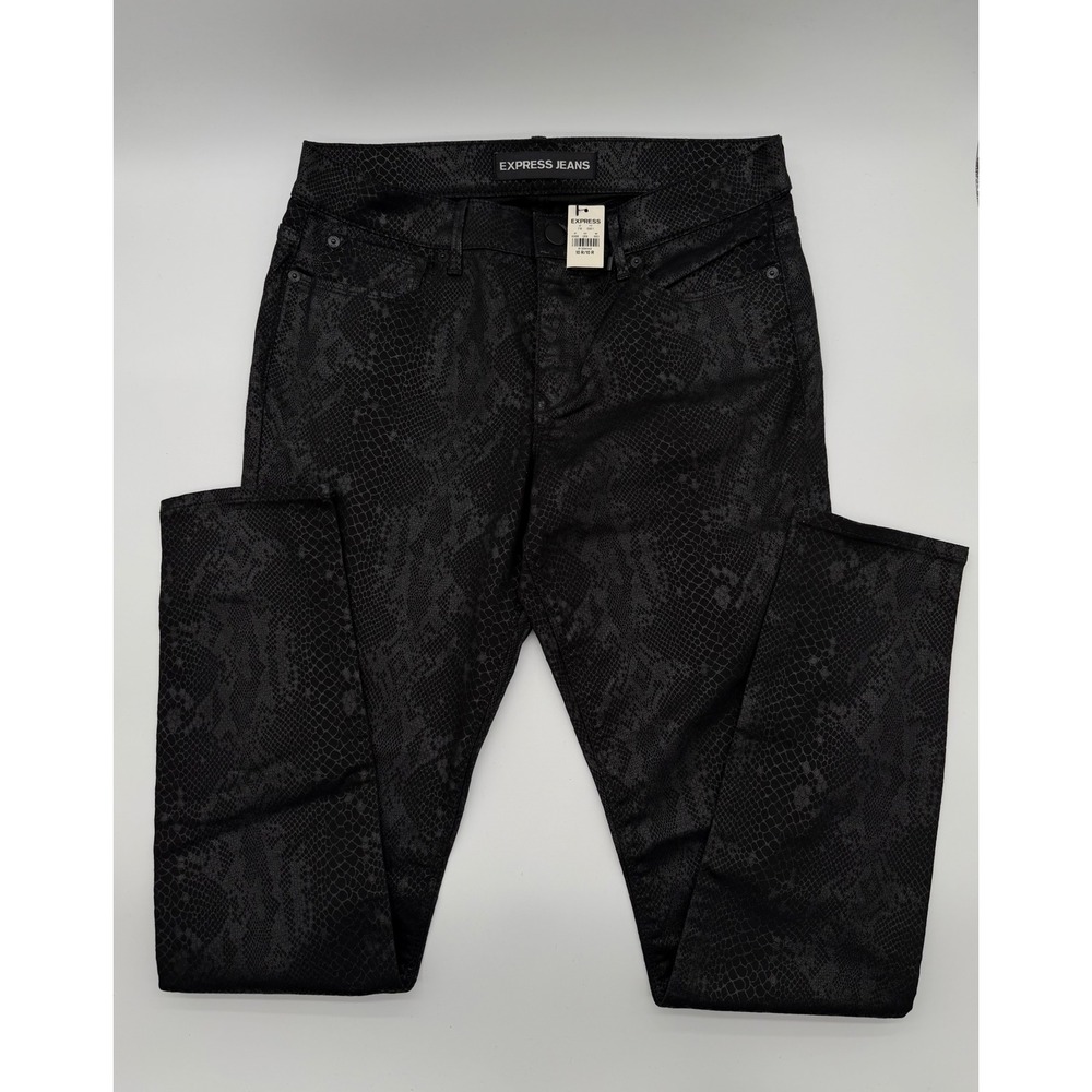 Express Mia Mid Rise Legging Jeans Black Snakeskin Print Size 10R NWT
